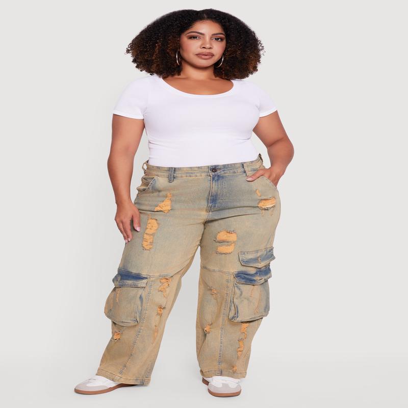 Plus Size High Waisted Distressed Acid Wash Jeans