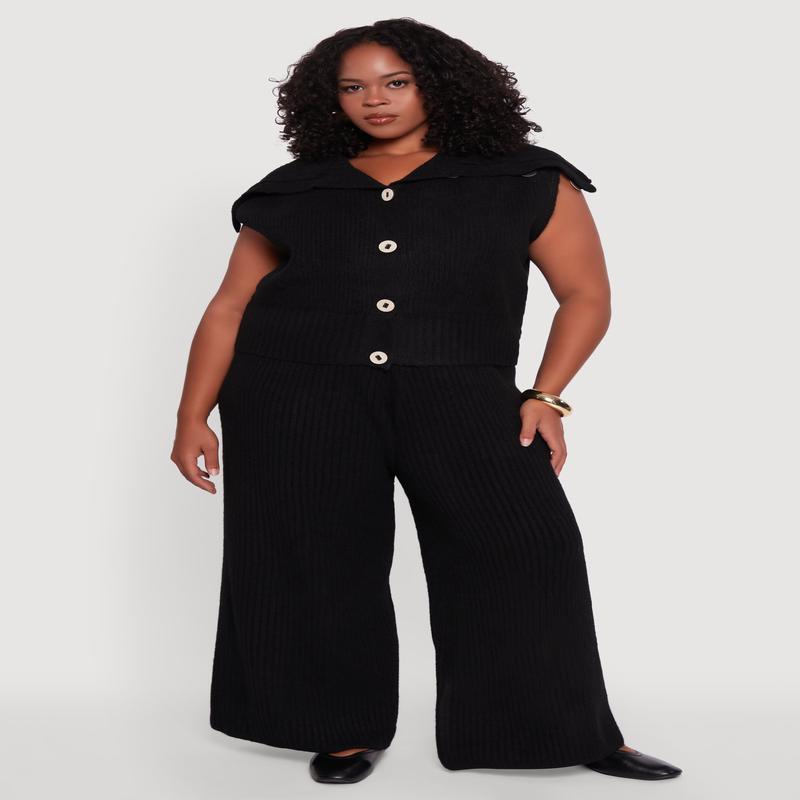 Plus Size Rib Knit Pull On Wide Leg Pants