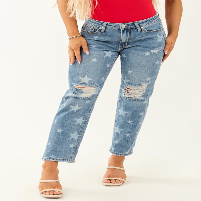 Saige Medium Wash Star Print Cuffed Boyfriend Jeans