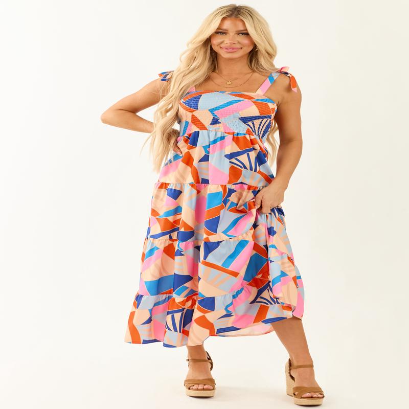Sky Blue Abstract Print Tie Straps Midi Dress