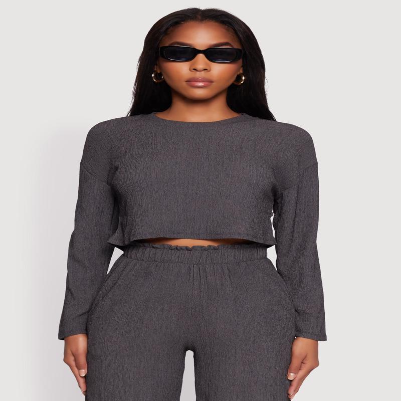 Textured Knit Solid Long Sleeve Crop Top