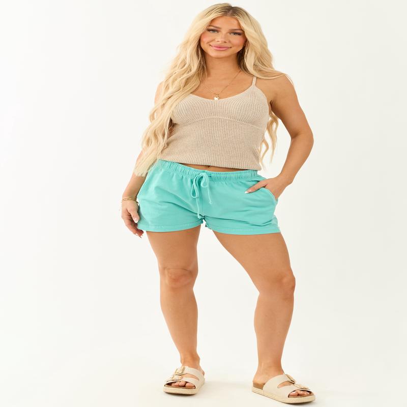 Turquoise Drawstring Waistband Raw Edge Shorts