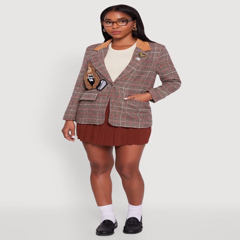 Chenille Bear Graphic Plaid Blazer with Padded Shoulders