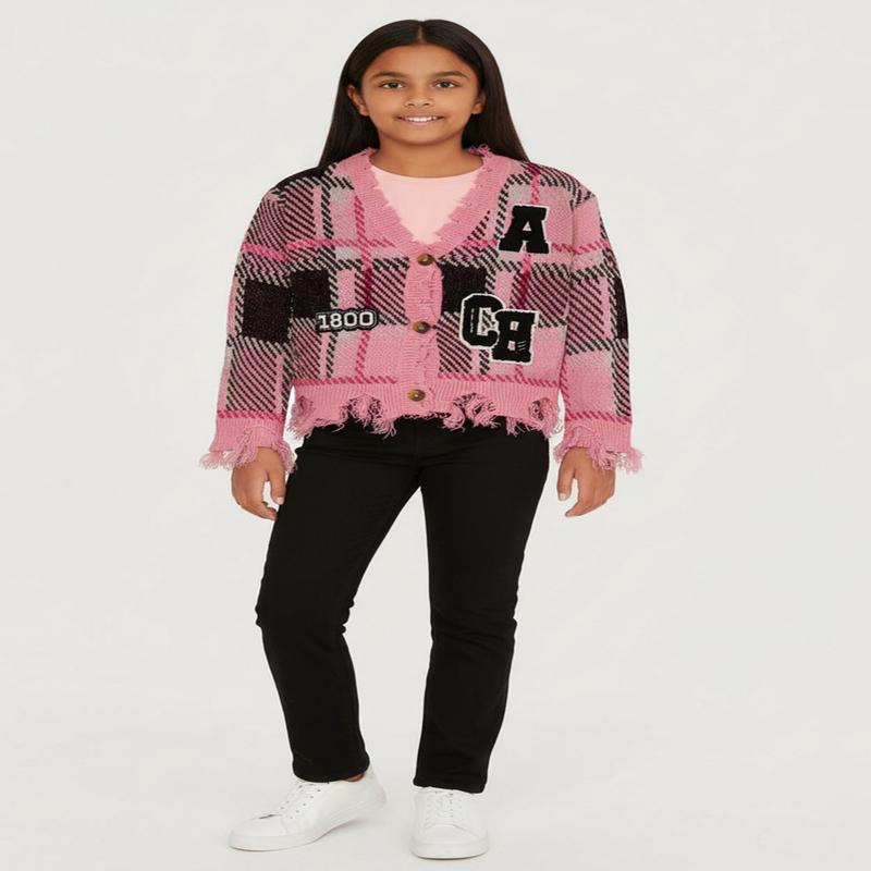 Girls Plaid Distressed V Neck Chenille Patch Graphic Cardigan