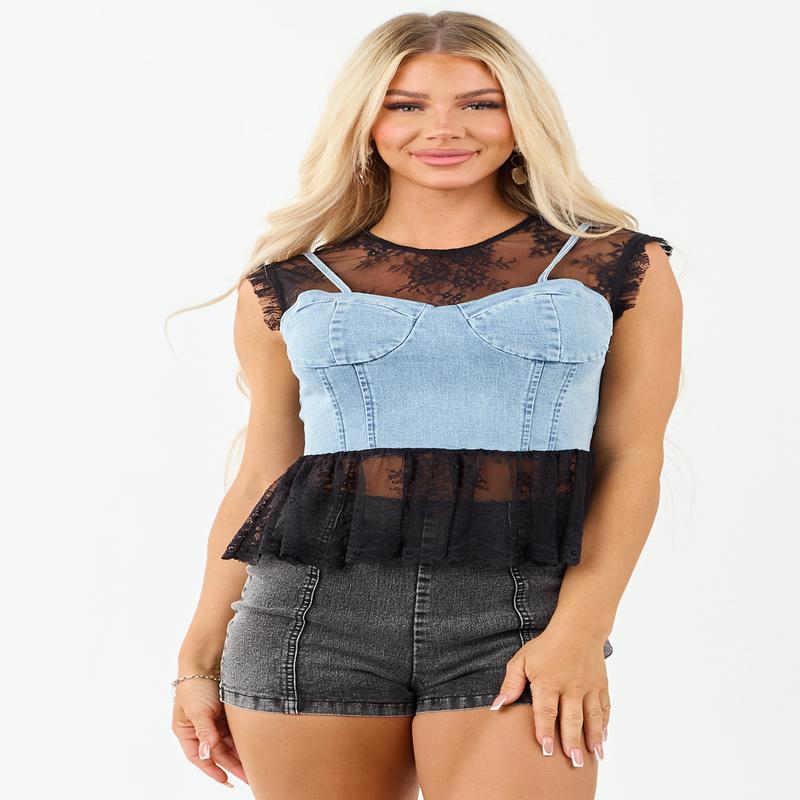 Light Wash Denim Corset Overlay Lace Tank Top