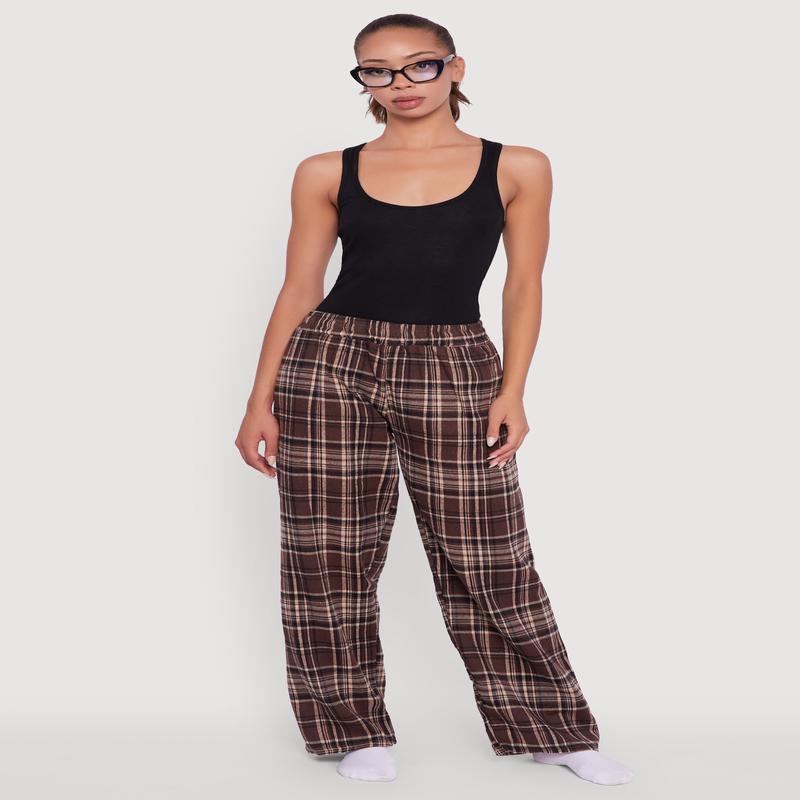 Plaid Flannel Drawstring Waist Pants and Graphic Socks
