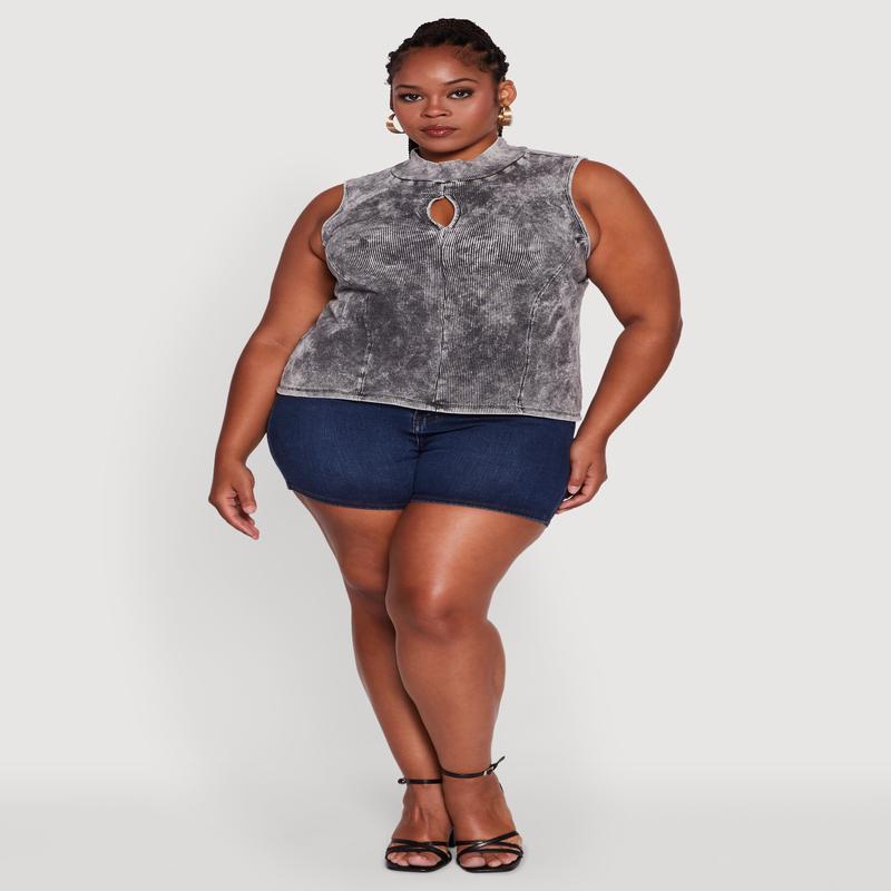 Plus Size Acid Wash Keyhole Mock Neck Tank Top