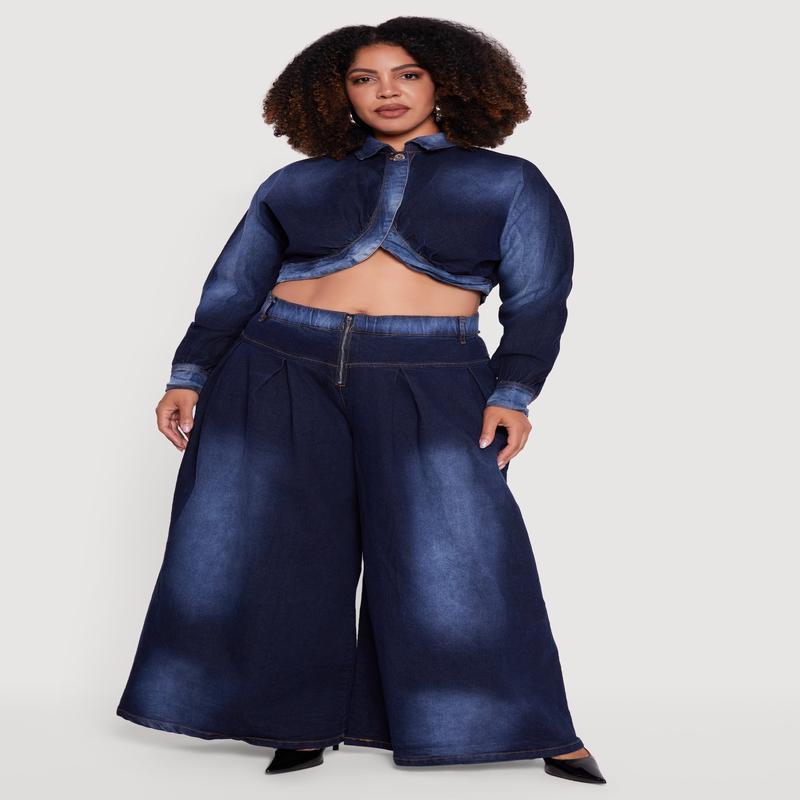 Plus Size Elastic High Waisted Wide Leg Jeans