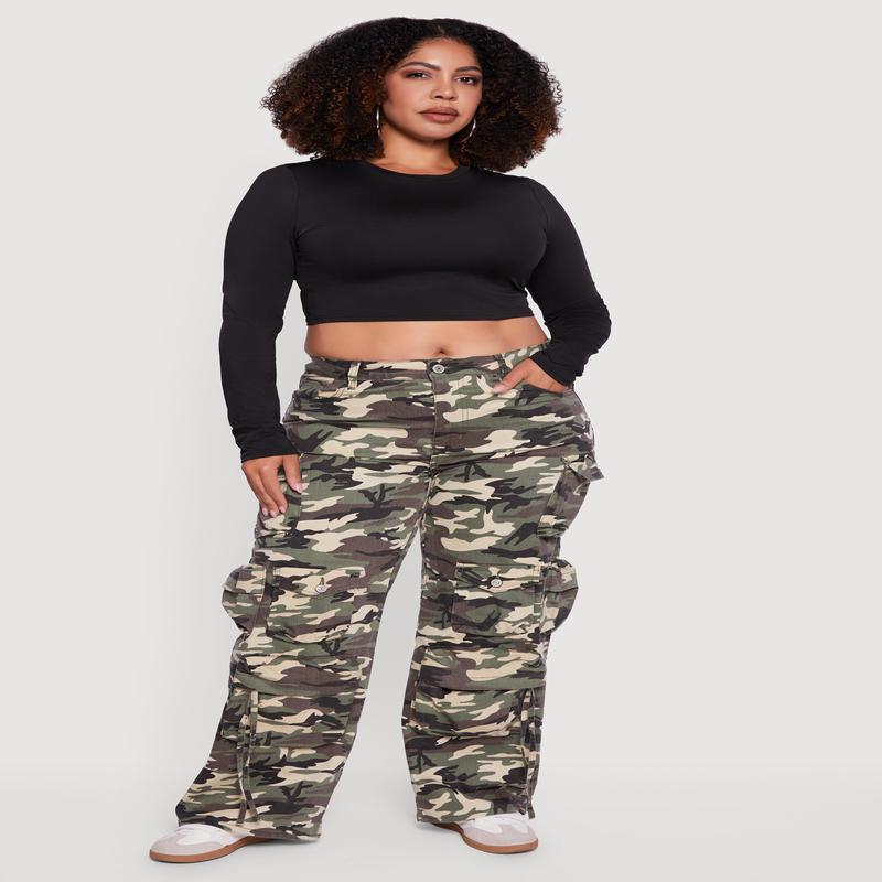 Plus Size High Waisted Wide Leg Camouflage Cargo Pants