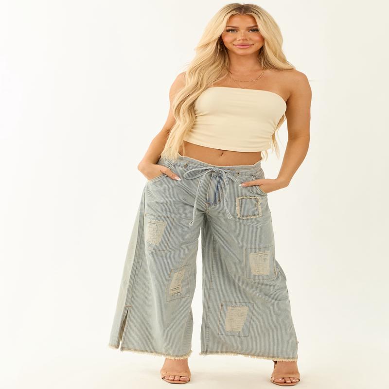 POL Powder Blue Railroad Stripe Wide Patchwork Pants