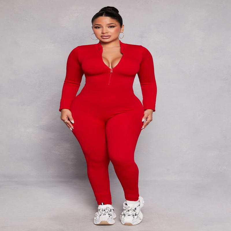 Ribbed Knit Half Zip Long Sleeve Catsuit