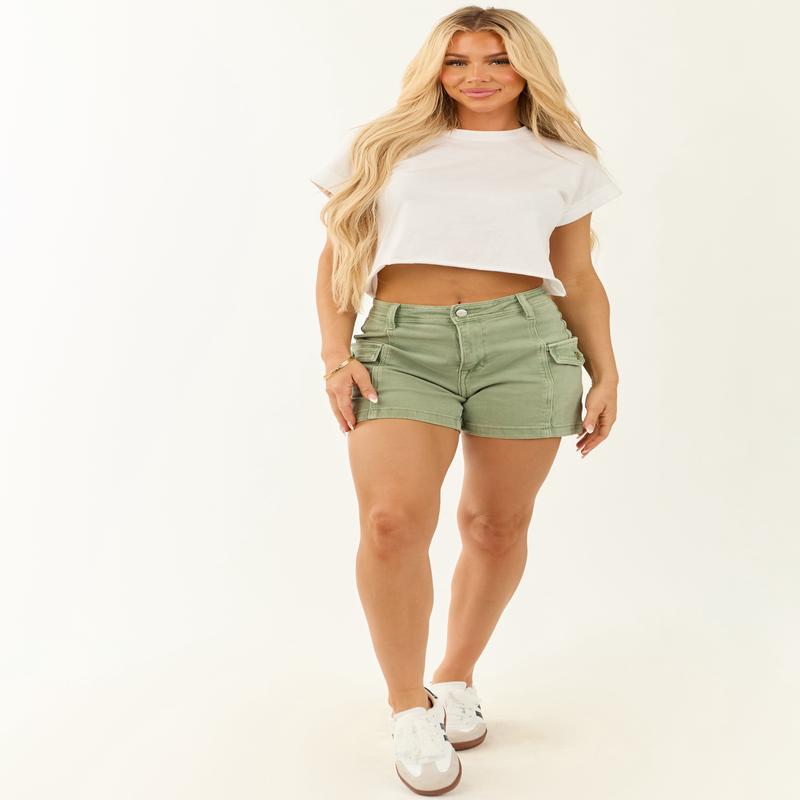 Risen Sage High Rise Cargo Stretchy Denim Shorts