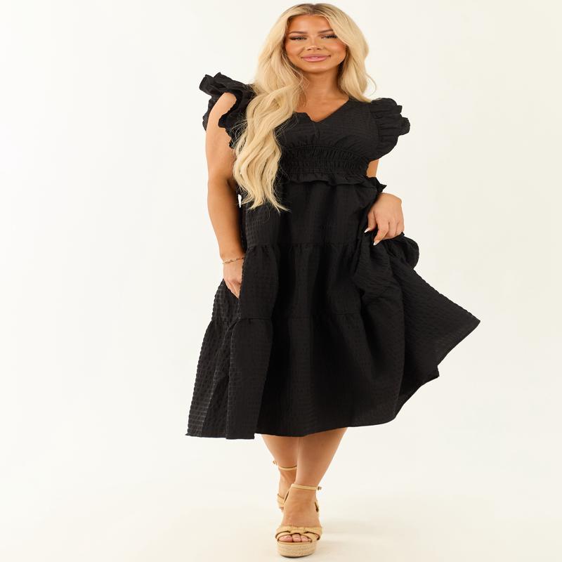 Black V Neck Smocked Waist Cap Sleeve Midi Dress