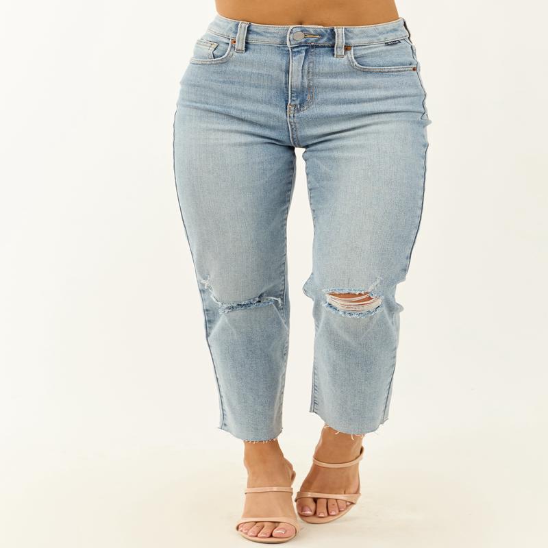 Cello Light Wash Stretchy Distressed Straight Jeans
