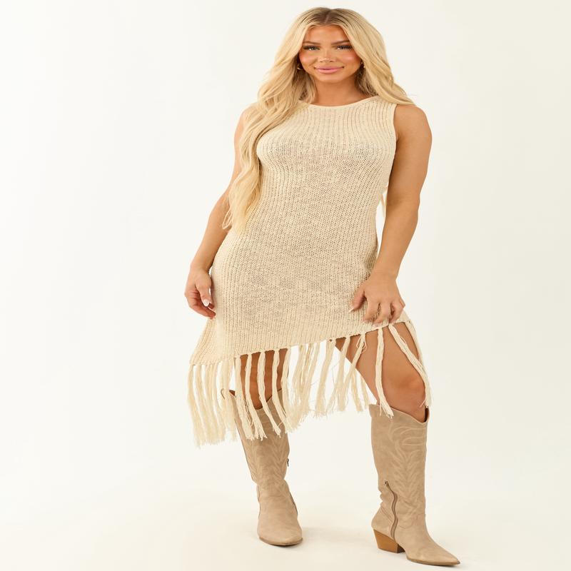 Cream Asymmetrical Tassel Hem Knit Midi Dress
