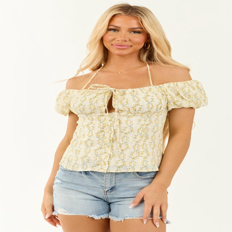 Cream Floral Print Off the Shoulder Button Up Top