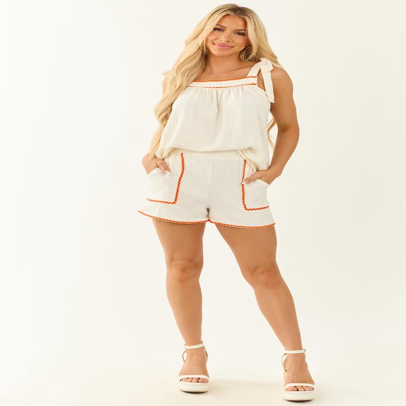 Cream RickRack Trim Elastic Waistband Shorts