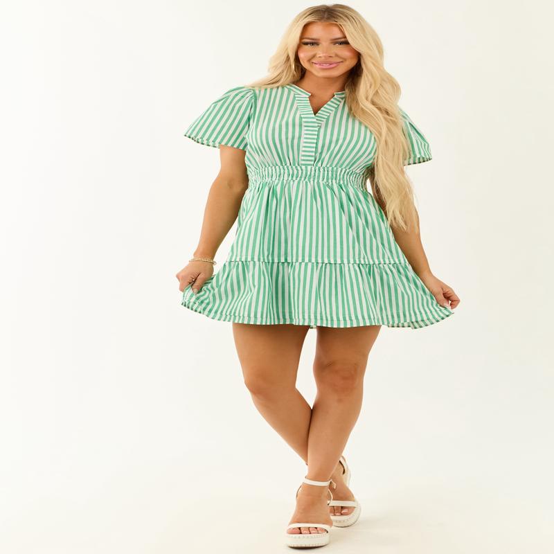 Kelly Green Striped Short Sleeve Mini Dress