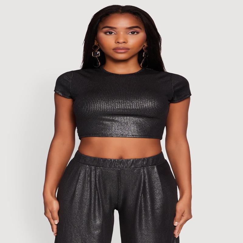 Lurex Ribbed Knit Cropped Top