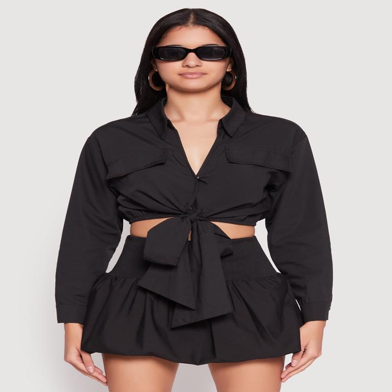 Poplin Faux Pocket Tie Front Crop Top