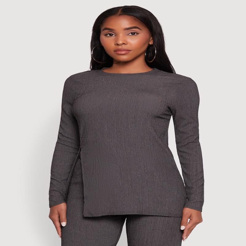 Seersucker Crew Neck Side Slit Long Sleeve Top