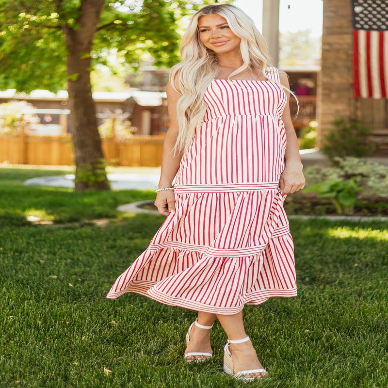She+Sky White and Ruby Striped Sleeveless Midi Dress