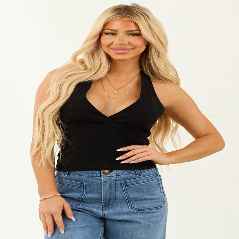 Black Halter Surplice Neck Linen Blend Tank Top