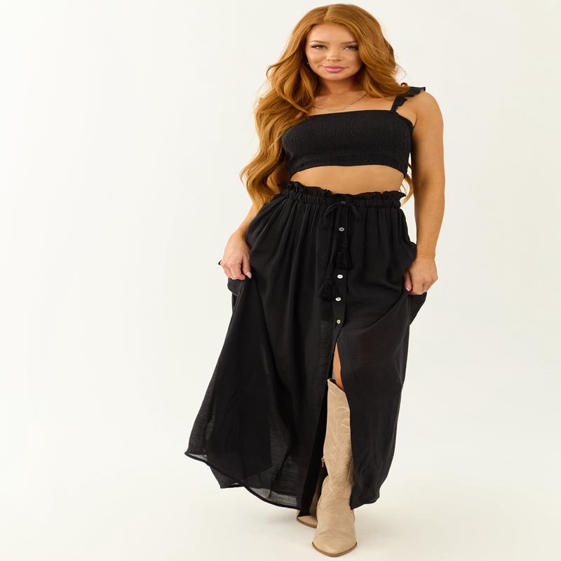 Black Ruffle Strap Crop Top and Maxi Skirt Set