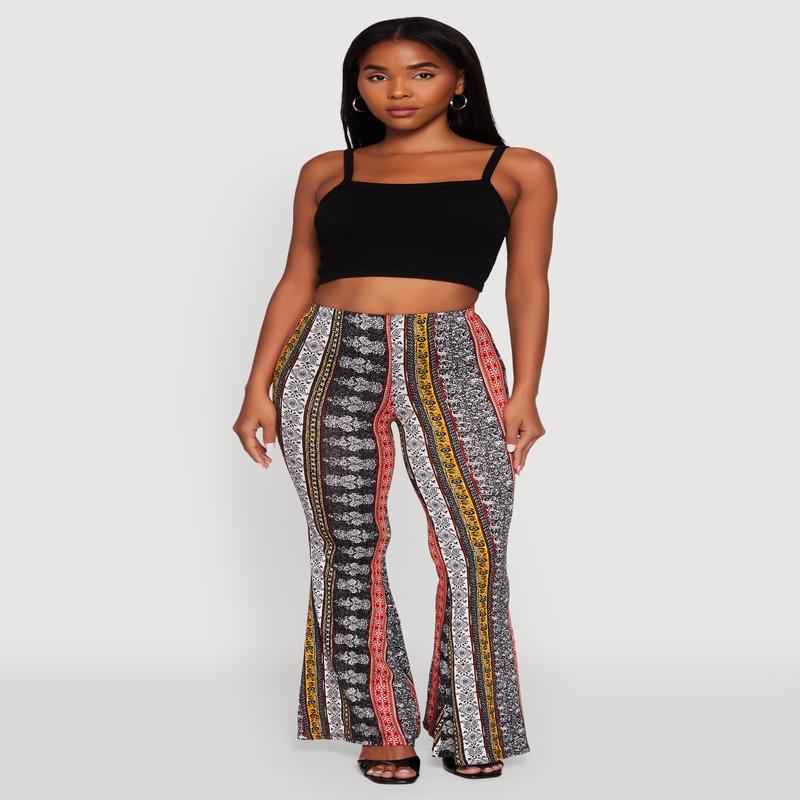 Boho Border Print High Waisted Flare Leg Pants