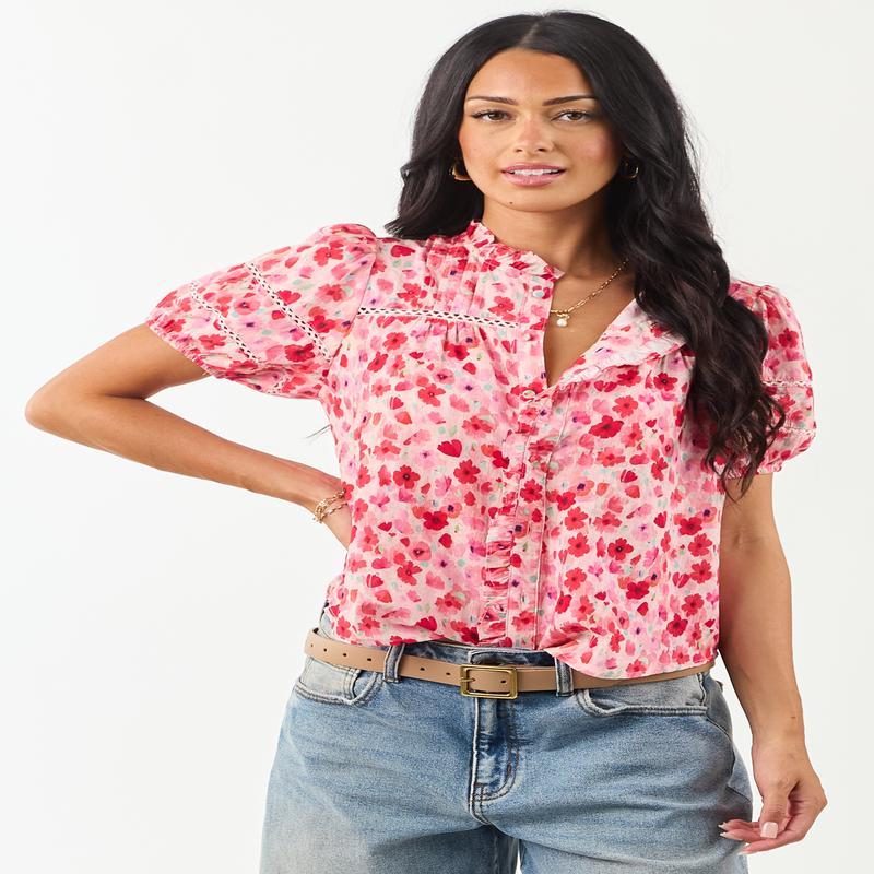 Carnation Floral Print Embroidered Puff Sleeve Blouse