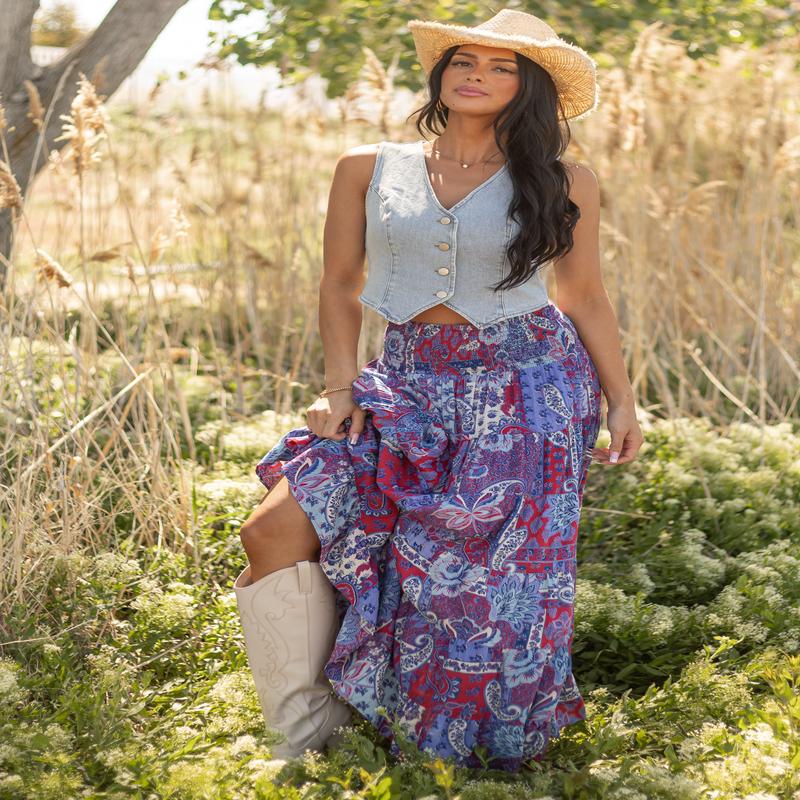 Cobalt Paisley Floral Print Smocked Tiered Maxi Skirt