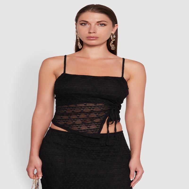 Iris Floral Lace Asymmetrical Drawstring Side Cropped Cami
