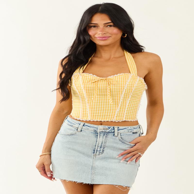 Lemon Gingham Halter Neck Cotton Corset Top