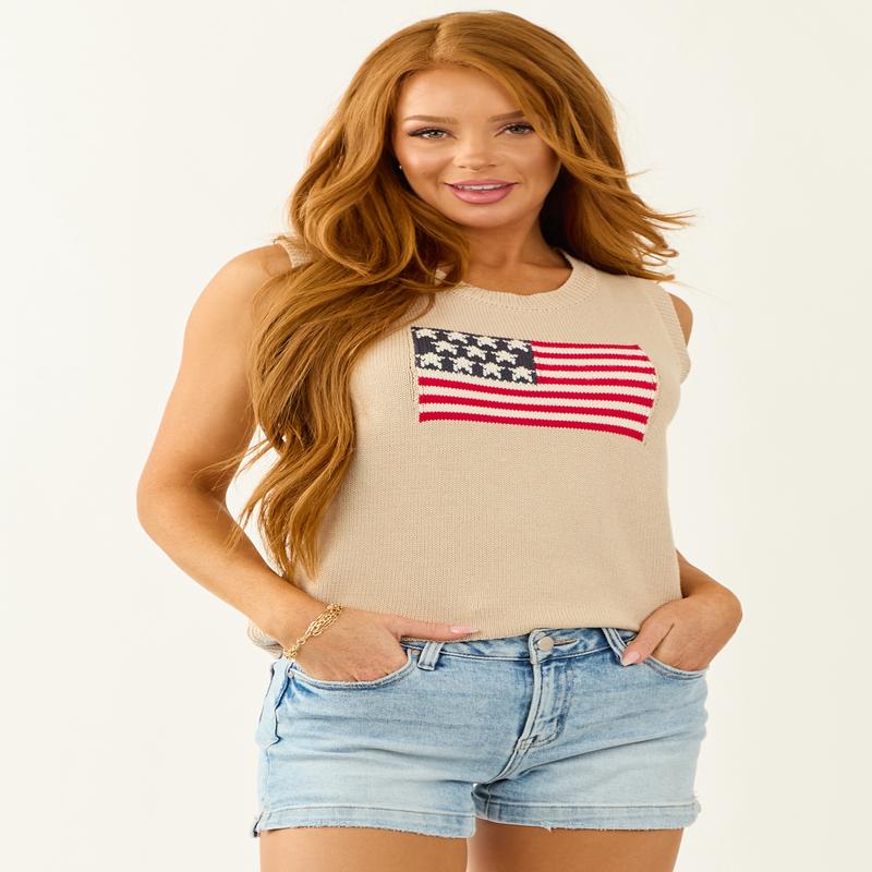 Oatmeal American Flag Knit Sweater Vest