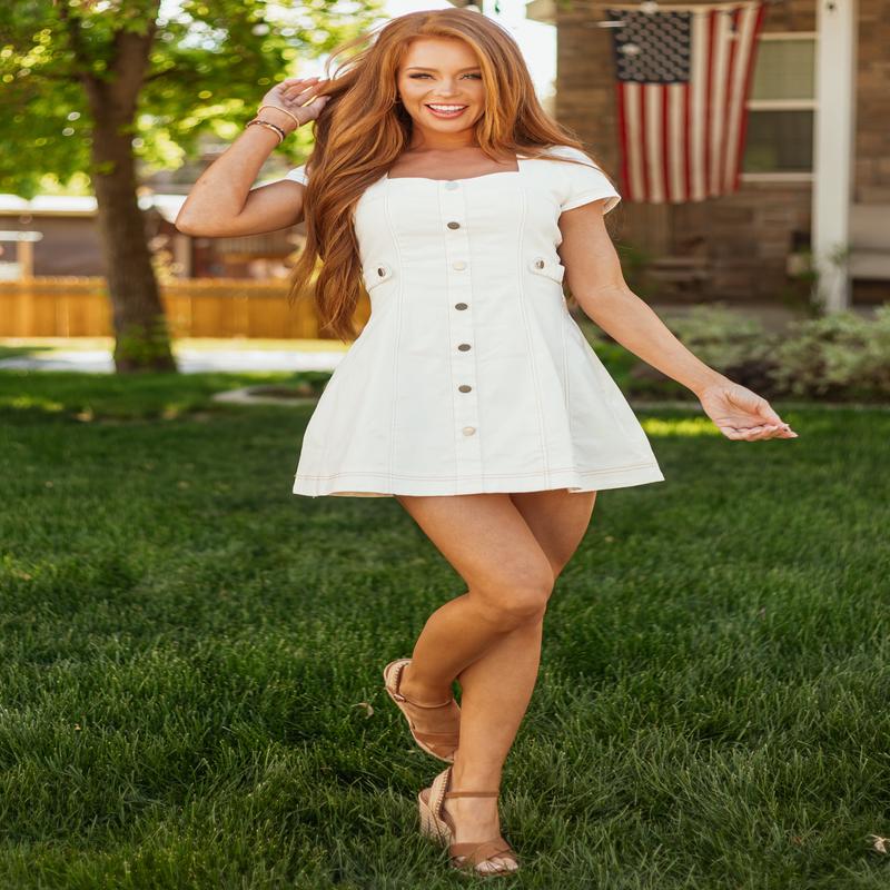 Off White Denim Button Down Short Sleeve Mini Dress
