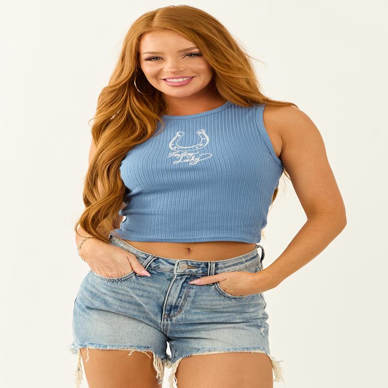Steel Blue Western Embroidered Cotton Tank Top
