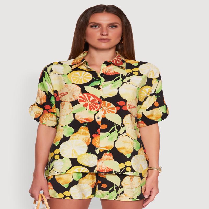 Airy Fruit Print Button Front Shirt