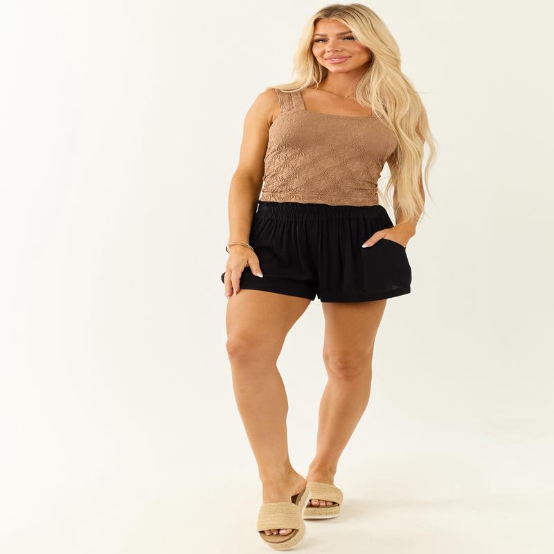 Black Textured Elastic Waistband Flowy Shorts