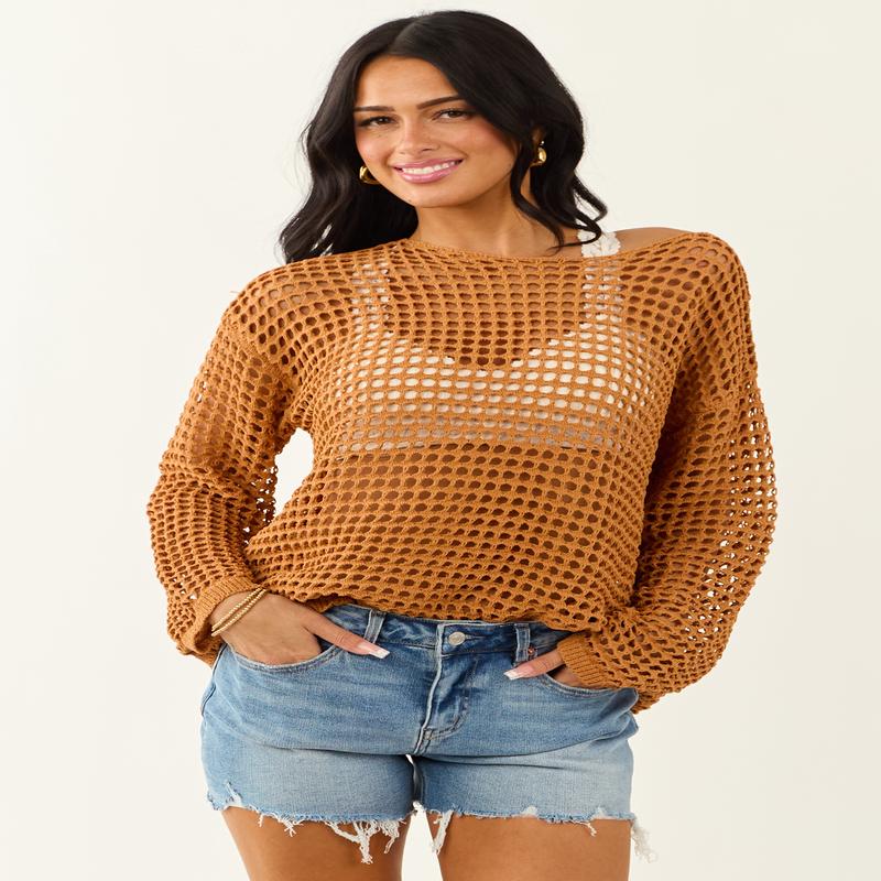 Caramel Open Crochet Round Neck Long Sleeve Top