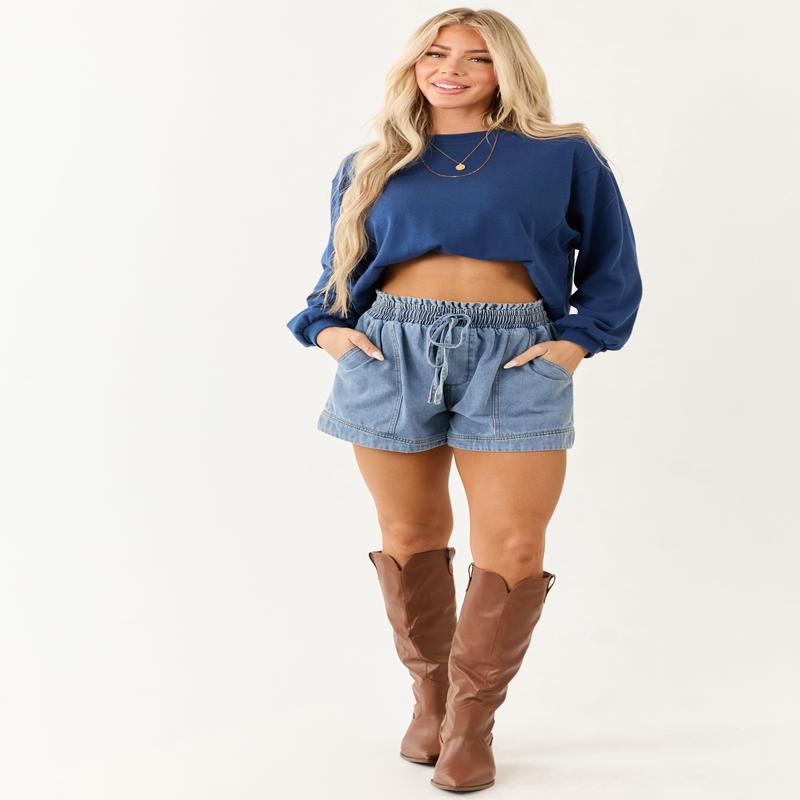 Entro Medium Wash Denim Smocked Waist Shorts