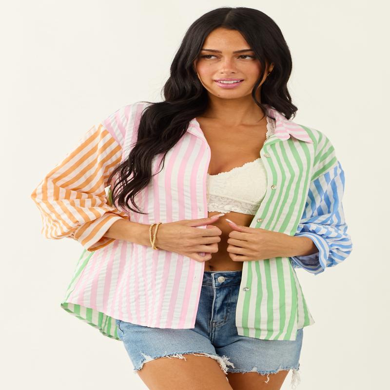 Entro Off White Striped Colorblock 3/4 Sleeve Top