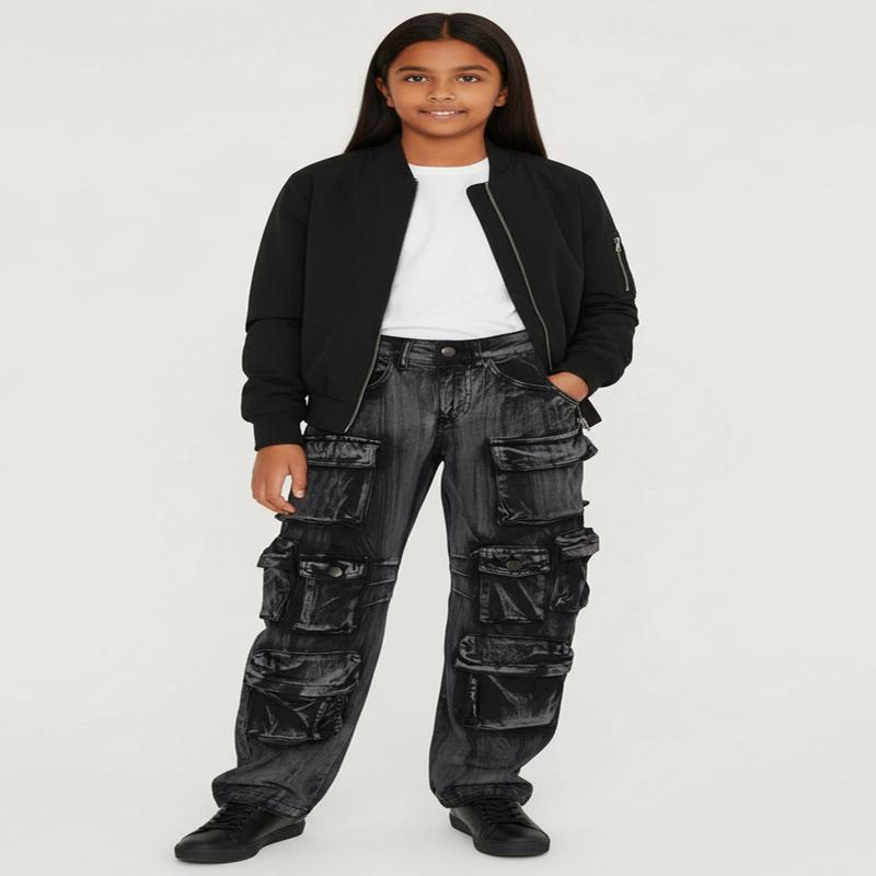 Girls Twill Acid Wash Utility Pants