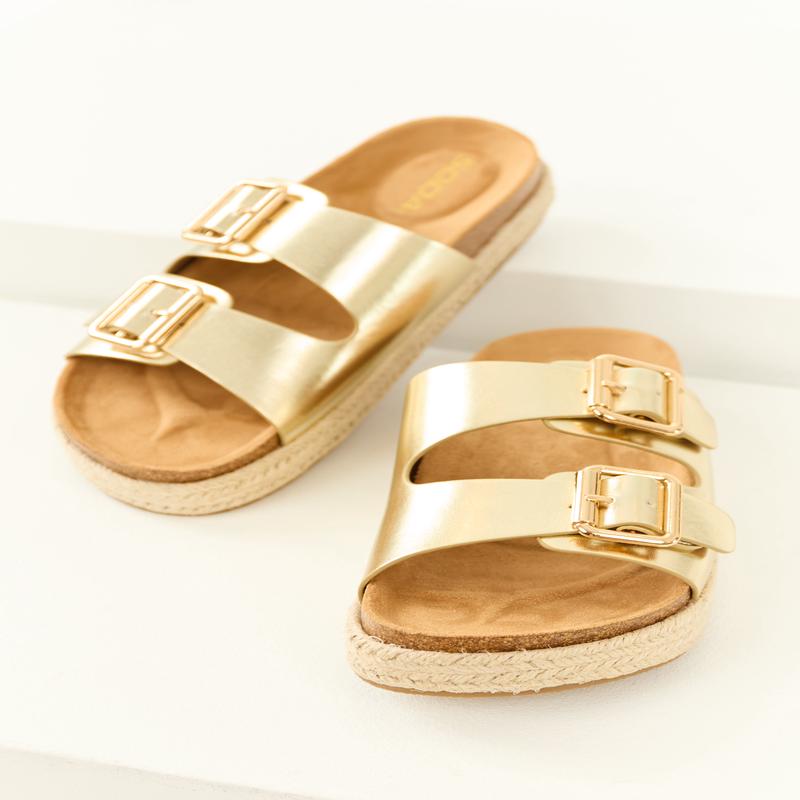 Gold Espadrille Platform Twin Buckle Sandals