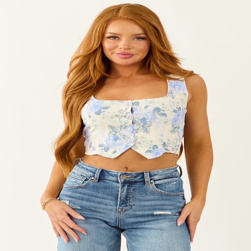 Ivory and Dusty Blue Floral Print Button Down Vest