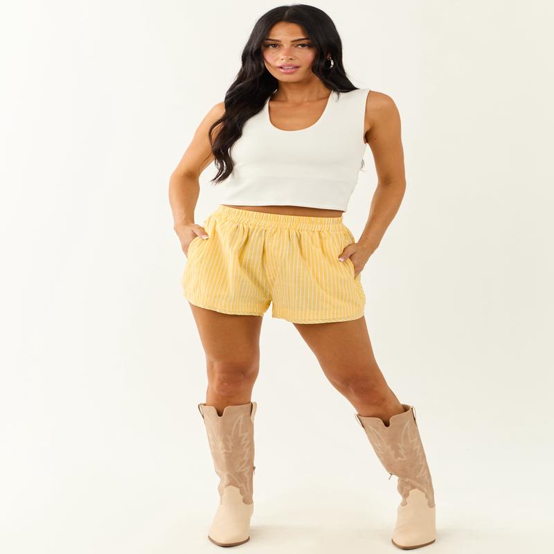 Lemon and Ivory Striped High Waist Flowy Shorts