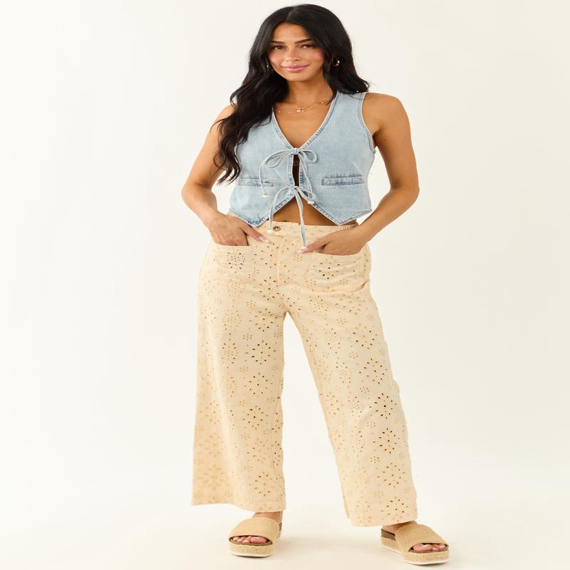Lovelo Cream Eyelet Lace Straight Leg Cotton Pants