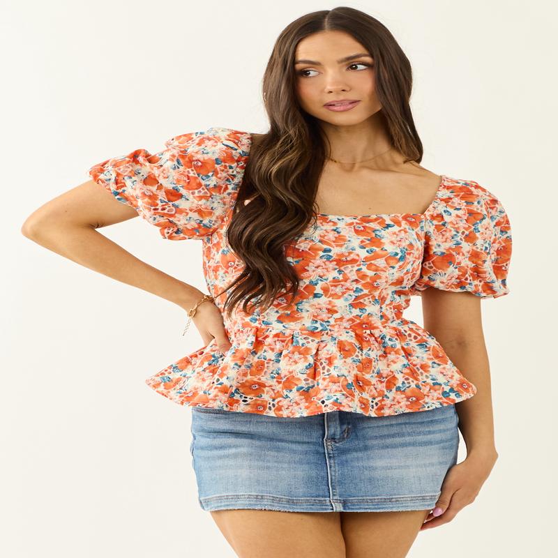 Lovelo Fire Floral Print Short Puff Sleeve Cotton Top