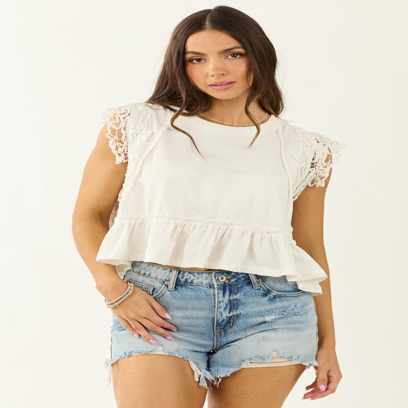 Off White Lace Trim Cap Sleeve Ruffle Hem Top