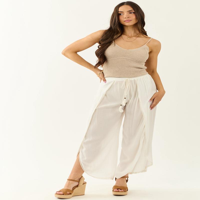 Off White Open Wrap Style Flowy Pants