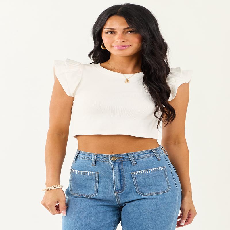 Off White Short Ruffle Sleeve Ribbed Knit Top